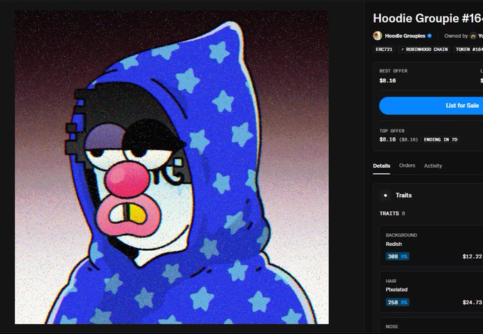 An NFT called "Hoodie Groupie #16" showing a cartoonish character in a blue star-patterned hoodie, with a listing price of $8.16 and traits listed as "BACKGROUND: Roduh" and "HAIR: Pixelated."