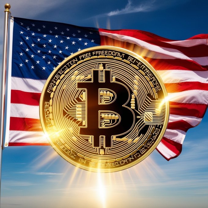 A glowing golden Bitcoin coin featuring the "₿" symbol and partial text reading "PEER TO PEER" and "DIGITAL DECENTR..." is superimposed over a waving American flag beneath a bright sky, symbolizing the intersection of U.S. cryptocurrency policy and digital freedom. The image visually reinforces the post's call to action on the CLARITY Act, a bill aimed at establishing clear regulatory frameworks for digital assets in the United States.