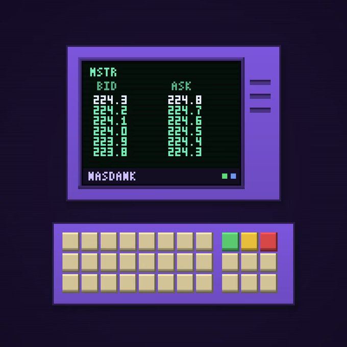 A pixel art graphic of a purple retro computer terminal displaying market depth (MSTR BID/ASK) with prices ranging from 223.8 to 224.9 for MicroStrategy stock.