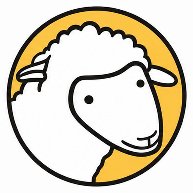 A simple cartoon-style illustration of a white sheep's face inside a yellow circle, visually representing the "Sheepcoin" mentioned in the post as a playful mascot for the cryptocurrency.