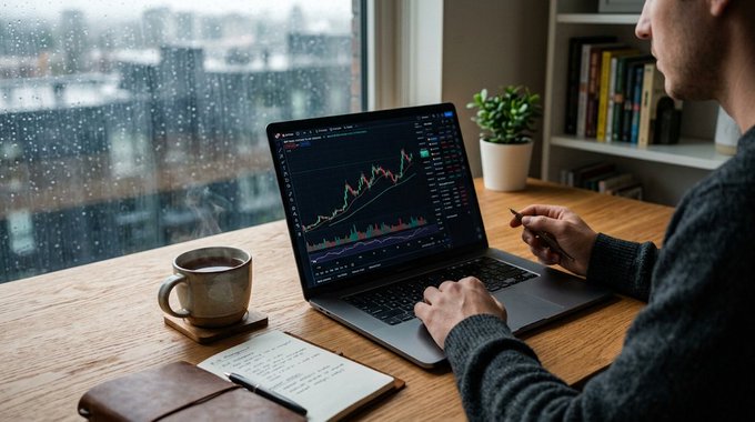 A man sits at a wooden desk by a rain-streaked window, analyzing cryptocurrency charts on his laptop showing price action for BTC at 73k and ETH at 2.36k, accompanied by a steaming mug of coffee and handwritten notes—perfectly capturing the rainy morning mood of the trader's post about slowing market momentum.