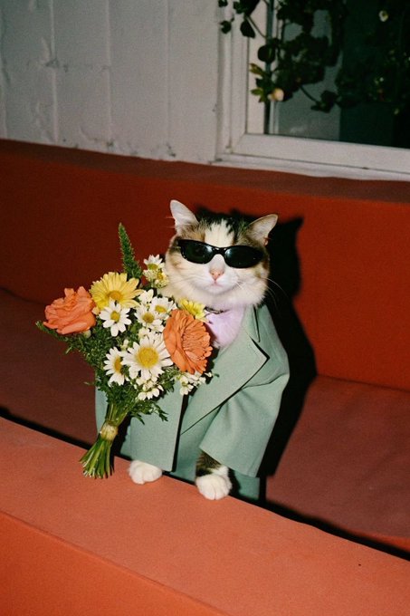A calico cat wearing sunglasses and a green blazer holds a bouquet of flowers while sitting on red stairs.