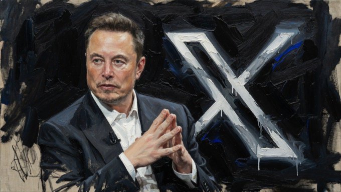 The image shows Elon Musk alongside a painted X logo, tying into the DOGE theme by depicting the public figure associated with leading the initiative promised to cut waste and reduce the national debt.