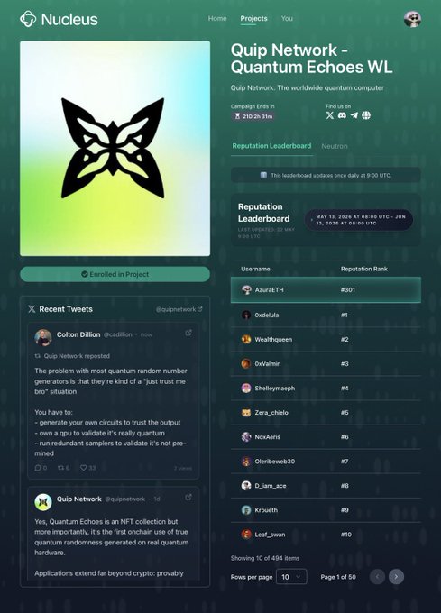 The image shows a screenshot of a Quip Network page. It features a butterfly symbol located at the top left corner and information about the network's Quantum Echoes feature. The text explains that the network offers an easy way for anyone to connect with Quantum Echoes without the need for a bridge or delay. Users can simply use it, without any additional complexity. The page also includes links to several posts, including one about Quip Network called "Quip Network: QUIP network doesn't need more complexity - just use it." This suggests that some builders are focusing on creating a user-friendly experience and minimizing the hassle of managing complex networks like Quantum Echoes.