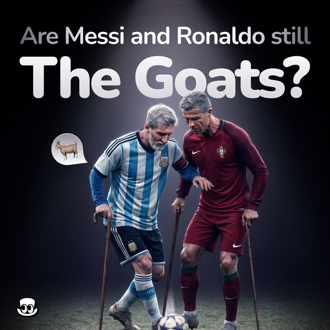 The image features two men dressed in soccer uniforms, one wearing a blue and white striped jersey and the other wearing a red and black striped jersey. They are standing next to each other with their legs crossed, posing for the camera. The background of the image is dark, which contrasts with the bright colors of their jerseys. There is also an object on the ground in front of them that appears to be a soccer ball.
