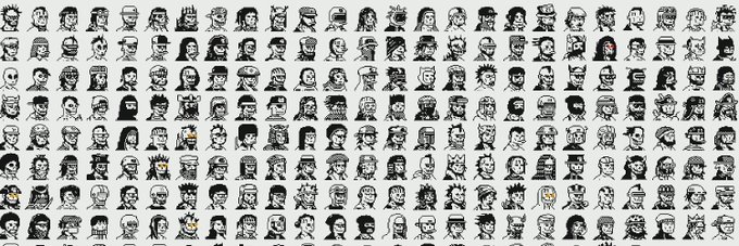 A grid of pixel art character portraits showing numerous black and white avatar designs featuring various hairstyles, accessories, and expressions arranged in rows and columns.