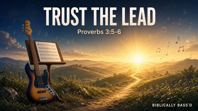 An inspirational graphic titled 'TRUST THE LEAD' with the reference 'Proverbs 3:5-6' features a sunburst over rolling green hills with a path, accompanied by an electric bass guitar and a music stand holding sheet music, branded 'BIBLICALLY BASS'D' in the corner.