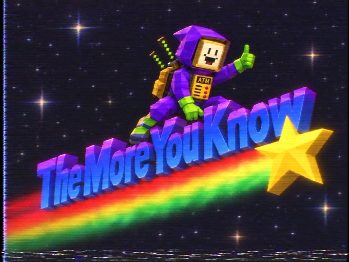 Retro-style graphic featuring a purple hooded character with a CRT monitor face giving a thumbs up, with 'The More You Know' text and a rainbow with a yellow star on a starry background.