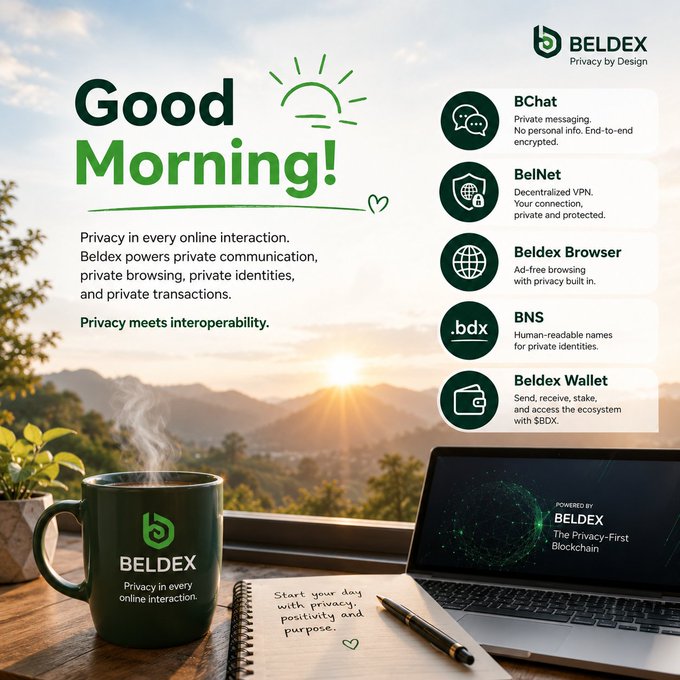 A 'Good Morning!' promotional graphic for 'BELDEX - Privacy by Design' featuring a mug and laptop on a desk with a sunrise view, highlighting services like BChat, BelNet, Beldex Browser, BNS, and Beldex Wallet.