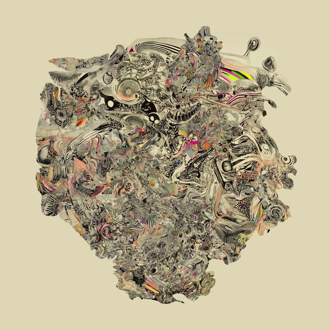 An abstract, intricate collage-like digital artwork featuring swirling organic and mechanical forms with colorful glitch effects on a beige background.