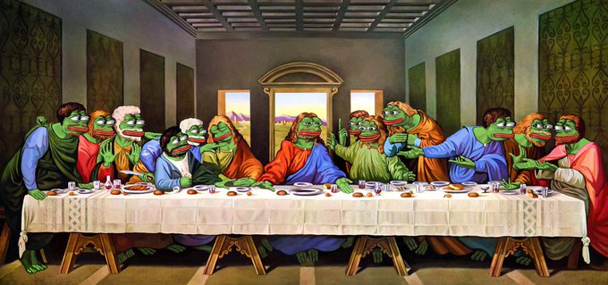 The image features an art piece that depicts a group of people sitting at a long dining table with various food items such as plates, cups, bowls, and utensils like forks and knives. The painting portrays a scene from the Last Supper in which Jesus is seen eating his final meal with his twelve disciples. The artwork showcases a unique interpretation of this famous story by incorporating elements of humor and surrealism into the depiction.