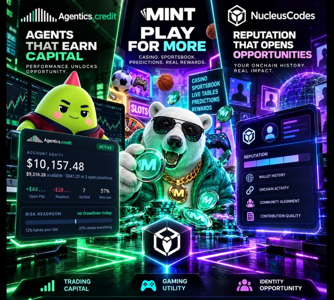 A promotional graphic featuring 'Agentics.credit', 'MINT PLAY FOR MORE', and 'NucleusCodes' with a polar bear mascot in sunglasses holding an 'M' token, advertising trading capital, gaming utility, and identity opportunities.