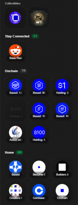 A mobile app interface showing various categories including 'Collectibles,' 'Stay Connected' (with Base Red), 'Onchain' (showing items like $1000, $50, $1, $100, and Active on), and 'Home' (with Based, Become E, Builders, Creators, Coinbase, and Onchain).