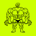 A simple cartoon illustration of a muscular figure with exaggerated proportions lifting a barbell, set against a bright yellow-green background.