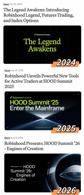A list of news articles from Robinhood dated 2024–2026, including 'The Legend Awakens: Introducing Robinhood Legend, Futures Trading, and Index Options,' 'HOOD Summit '25: Enter the Mainframe,' and 'HOOD Summit '26: Engines of Creation.'