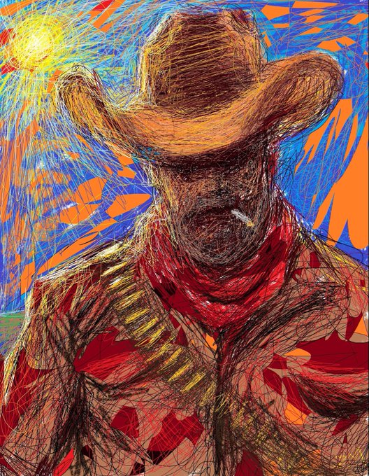 The image features a man wearing a cowboy hat, red bandana, and a brown jacket with a gun holster attached to his belt. The background of the painting has an orange and blue color scheme that complements the man's attire. The artist who created this piece is identified as Mr Scribbles.