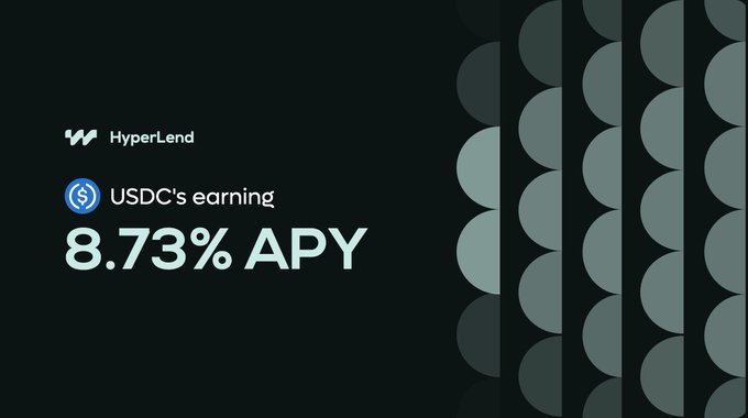 A promotional graphic for HyperLend displays that USDC is earning 8.73% APY against a dark background with geometric shapes.