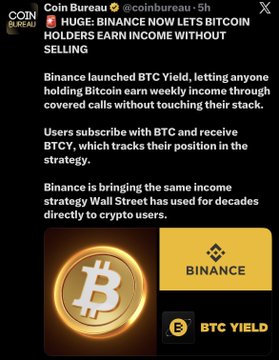 The image is a screenshot of a tweet from Coin Bureau (@coinbureau) announcing that Binance launched BTC Yield—a new product allowing Bitcoin holders to earn weekly income through covered calls without touching their BTC stack. The graphic features the Bitcoin and Binance logos alongside promotional text, visually supporting the post's comparison between Binance's new yield product and CoreDAO's existing staking/DeFi approach.