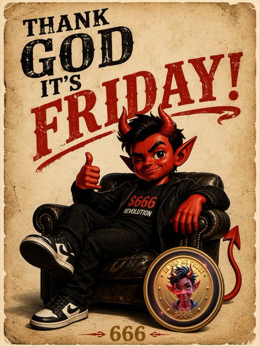A vintage-style poster reading 'THANK GOD IT'S FRIDAY!' featuring a cartoon devil character lounging in a chair, wearing a shirt labeled '$666 REVOLUTION', with a coin and the number '666' displayed.