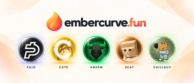 A promotional banner for "embercurve.fun" featuring the brand's flame logo alongside five circular icons labeled PAID, CATE, ANSEM, ZCAT, and CHILLGUY, showcasing its expanding ecosystem of features that ties into the message of "$ember just keeps getting better and better."