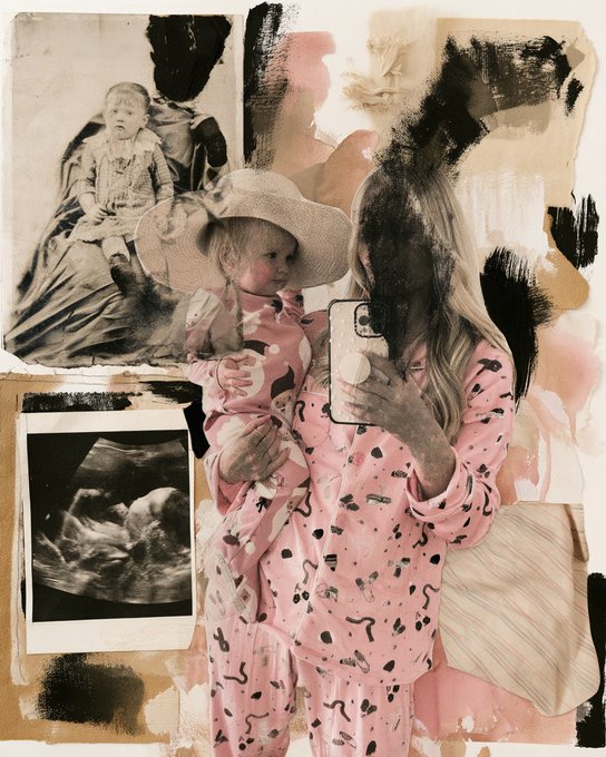 A digital collage featuring vintage photographs of children, painted textures, and a central figure in pink pajamas holding a phone.