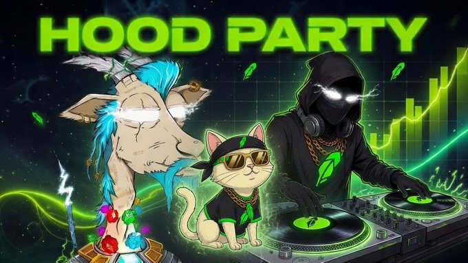A hooded figure DJs alongside a stylish cat in sunglasses and a pierced goat, under the bold green text "HOOD PARTY," setting the scene for the upcoming cashcatmaxxing session with "poppa stonks."