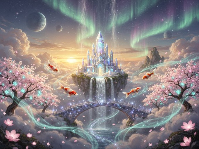 A fantasy digital artwork depicting a glowing crystal castle on a floating island with waterfalls, cherry blossom trees, koi fish, and an aurora-filled night sky.