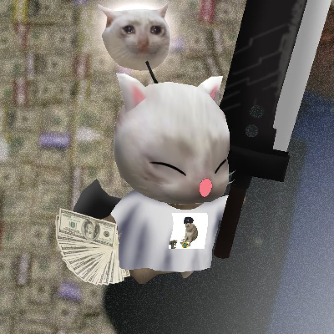 A cartoon cat in a white shirt with a smaller cat head on a stick, holding a fan of $100 bills and a large sword, alongside a small image of another cat on its shirt, visually promotes the upcoming "Kupo world" NFT mint featuring the "Cash Cats" cult.