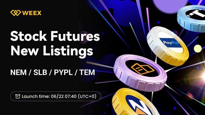 The image features a poster for a stock futures listing, with a variety of coins displayed against a black background. The poster includes text that reads "New Listings" and "NEM", "SLB", "PYPL", and "TEM". The poster also displays the date "Jun 22, 2026, 07:40 (UTC)". The image is accompanied by a caption that provides more information about the listing.