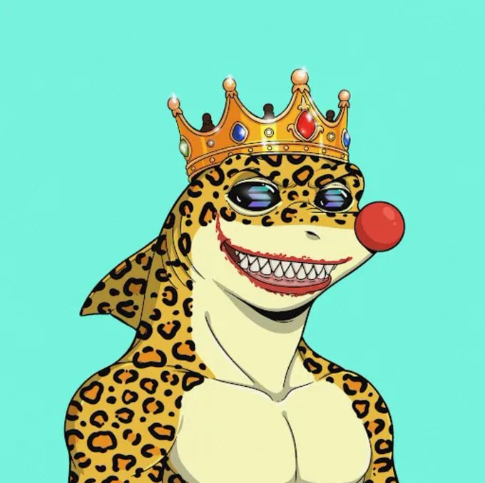 A cartoon leopard character with a wide grin, red clown nose, and a jeweled golden crown, matching the post's "LeSharX Crowns DAO" theme of royalty and leadership. The leopard's powerful, smiling expression and regalia reflect the post's emphasis on strength, loyalty, and the "Crown" as a symbol of the LeSharX community.