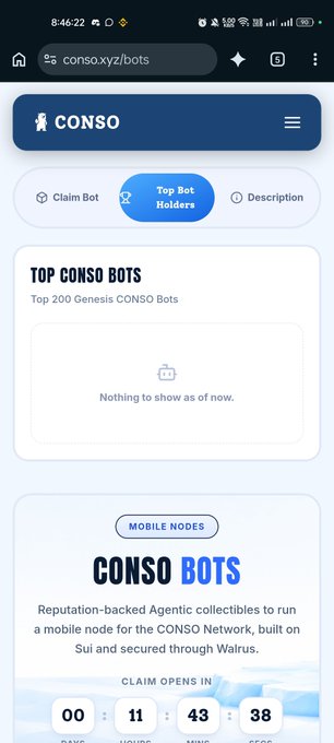 A mobile browser displays the CONSO crypto website at “conso.xyz/bots,” with tabs for “Claim Bot,” “Top Bot Holders,” and “Description.” The page says “TOP CONSO BOTS,” “Top 200 Genesis CONSO Bots,” and “Nothing to show as of now,” above a “CONSO BOTS” informational panel.