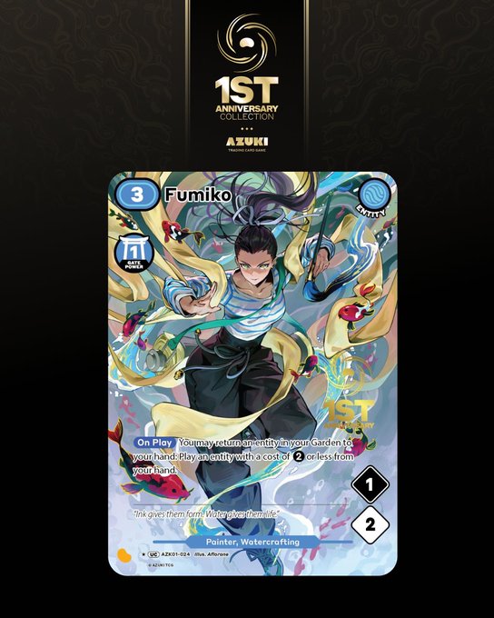 A promotional image for the '1ST ANNIVERSARY COLLECTION' of 'AZUKI TRADING CARD GAME' features a card named 'Fumiko' (cost 3, Watercraft trait), a 1/1 Koi Fish token, and stats showing 1 attack and 2 defense.