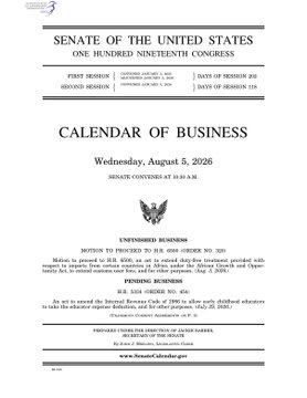 The image shows the official Senate of the United States Calendar of Business for Wednesday, August 5, 2026, during the 119th Congress. It lists unfinished business items (H.R. 3633 and S. 1582) and pending business (H.R. 3633 House Bill), notably excluding the Clarity Act from the day's agenda, aligning with the post's claim.