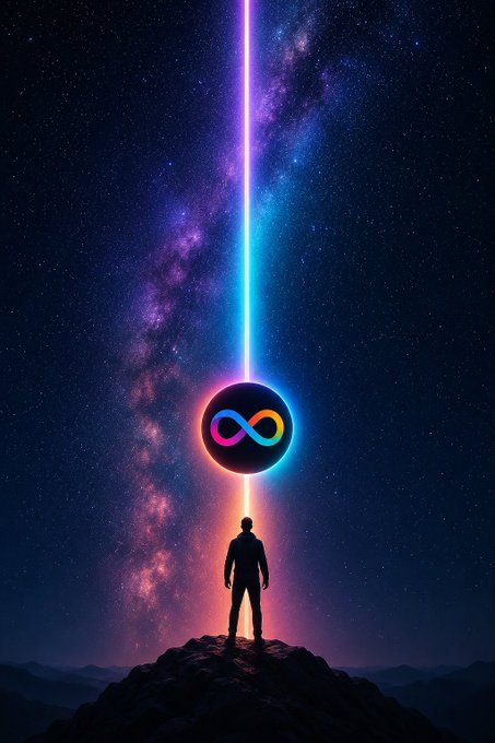 A silhouetted figure stands atop a rocky peak beneath a glowing infinity symbol, with a vibrant beam of light stretching into a starry galaxy behind them—visually echoing the "bullish on $ICP" sentiment by suggesting limitless potential and cosmic growth for the Internet Computer token.