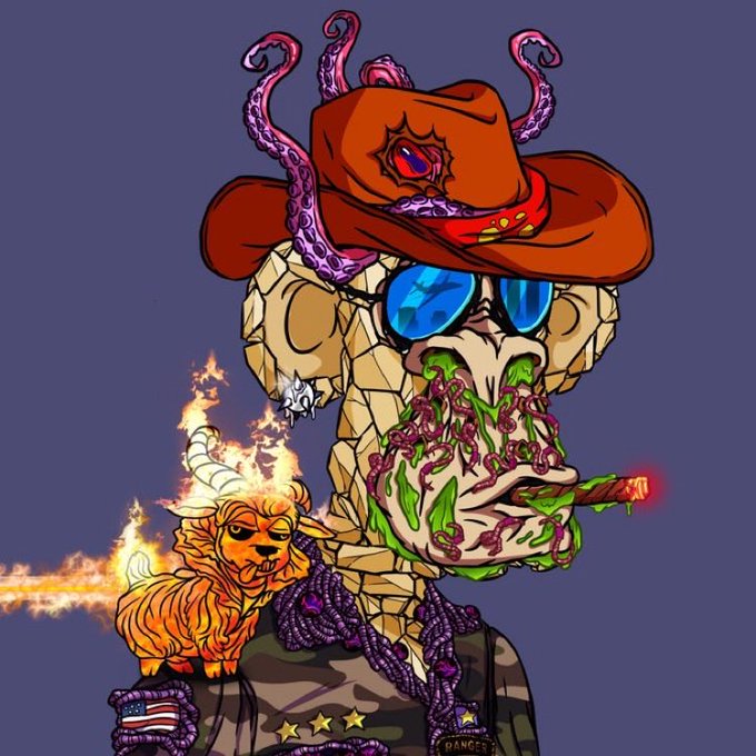 A psychedelic NFT-style artwork features a creature with ram horns, a cowboy hat with a red gem, blue sunglasses, tentacles emerging from its mouth, and a small flame-covered dog on its shoulder.
