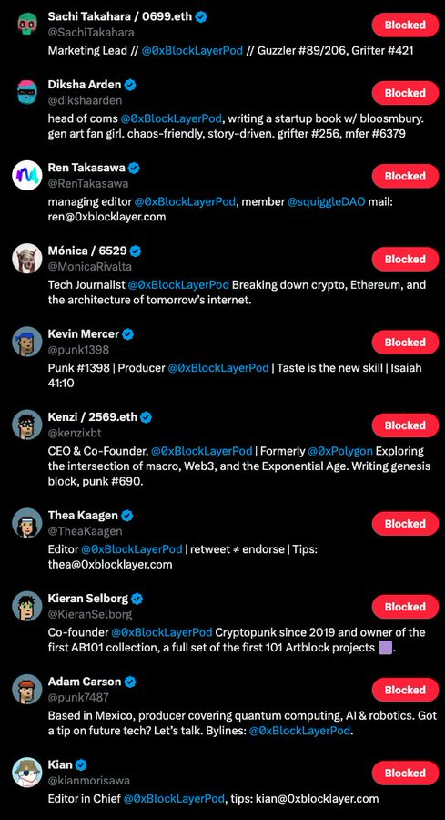 The image shows a list of Twitter/X accounts, all marked as "Blocked," associated with @0xBlockLayerPod—including Sachi Takahara, Diksha Arden, Ren Takasawa, Mônica Rivolta, Kevin Mercer, Kenzi, Thea Kaagen, Kieran Selborg, Adam Carson, and Kian Morisawa. The screenshot illustrates the phishing ring's network of impersonator accounts that have since been blocked, supporting the post's thread exposing the scam operation.