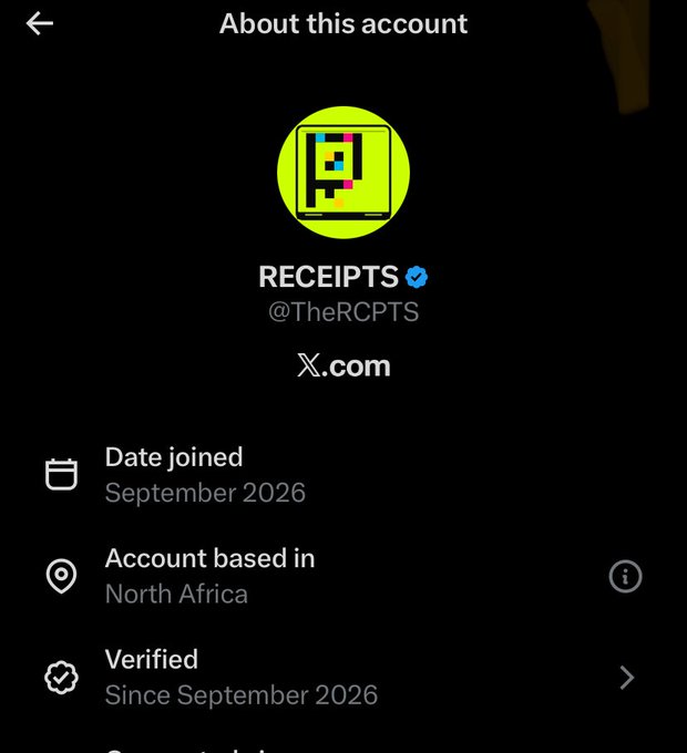 The image displays the X account information page for "RECEIPTS" (@TheRCPTS), a verified account based in North Africa that joined in September 2026. The accompanying post stating "Yeah, I was never much of a racist" appears to reference the account name, suggesting it's used to share documented evidence or records, with the username styled to mimic the word "receipts" (often used to demand proof or evidence of one's statements or actions).