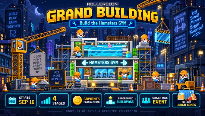 Rollcoin promotional graphic for 'GRAND BUILDING: Build the Hamsters GYM' event starting Sep 16, featuring 4 stages, GBPoints, leaderboard, server-wide event, and collect lunch boxes, with pixel-art hamsters as construction workers.