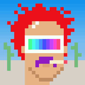 Pixel art style NFT image of a character with bright red spiky hair, a rainbow-colored visor or glasses, and what appears to be a cigar, set against a blue sky with green cactus-like shapes on either side.