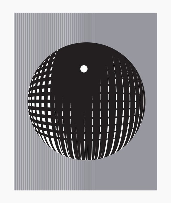 A black and white optical illusion illustration of a disco ball or sphere with a grid pattern, set against a gray background with vertical stripes on the left side.