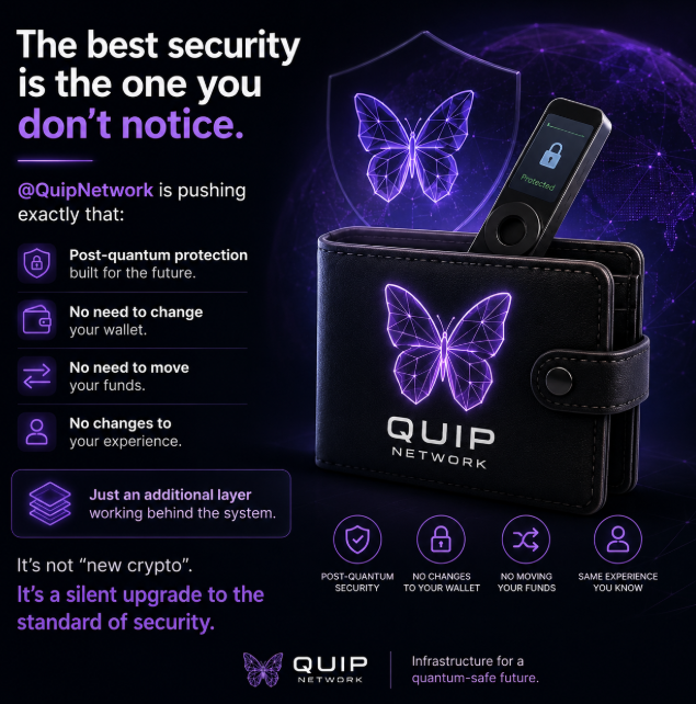 An advertisement for Quip Network (@QuipNetwork) promoting post-quantum crypto security, featuring a black wallet with a glowing purple butterfly logo alongside a hardware device and feature icons.
