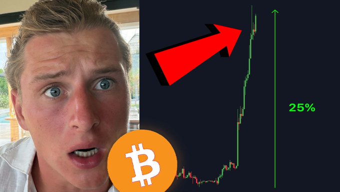 A man with a surprised expression is featured alongside a Bitcoin price chart showing a sharp green upward spike labeled "25%" with a red arrow, illustrating an unexpected surge in BTC's value.