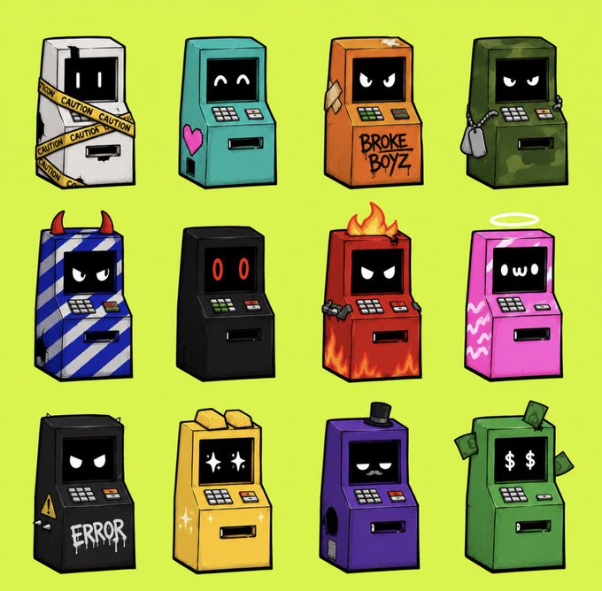 Twelve cartoon-style arcade ATMs with various personalities are displayed on a green background, each featuring unique designs including "CAUTION" tape, devil horns, flames, a halo, an "ERROR" sign, and a dollar-eyed "money" ATM. The image illustrates the collection of Rogue ATMs referenced for the live public mint on OpenSea, where each machine's distinct theme represents a different NFT collectible in the game.