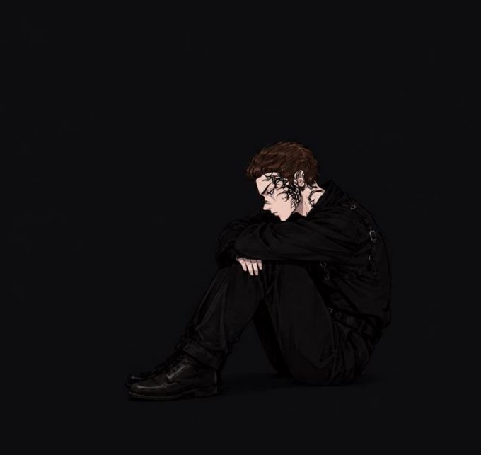 An artistic illustration of a person with curly brown hair and facial markings sitting on the ground in dark clothing, resting their head on their knees against a black background.