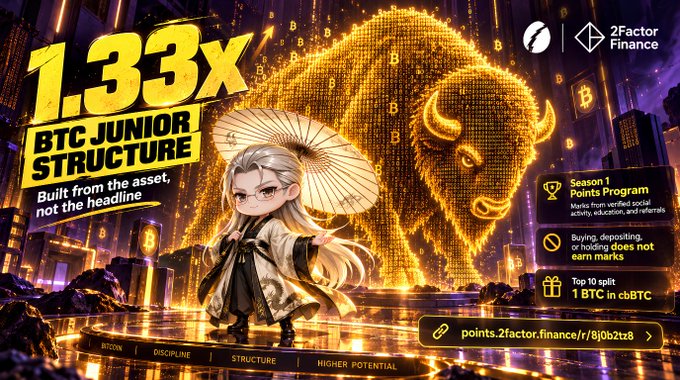 A promotional graphic for '2Factor Finance' advertises a '1.333x BTC JUNIOR STRUCTURE' built from the asset not the headline, featuring a chibi-style character with an umbrella in front of a glowing golden bull, with details about a Season 1 Points Program and a link 'points.2factor.finance/r/8j0b2tz8'.