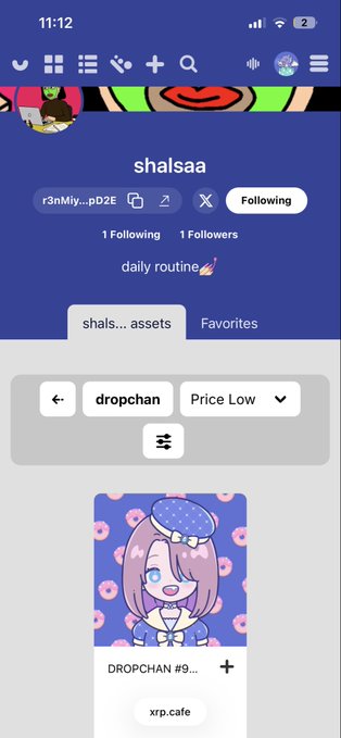 A mobile app screenshot of a user profile 'shalsaa' on the xrp.cafe marketplace, displaying a 'DROPCHAN' NFT asset for sale.