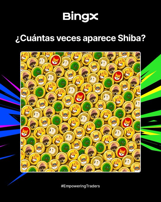 A BingX promotional graphic with the text "¿Cuántas veces aparece Shiba?" above a grid of emoji icons asking viewers to count the Shiba Inu dog faces among other emojis.