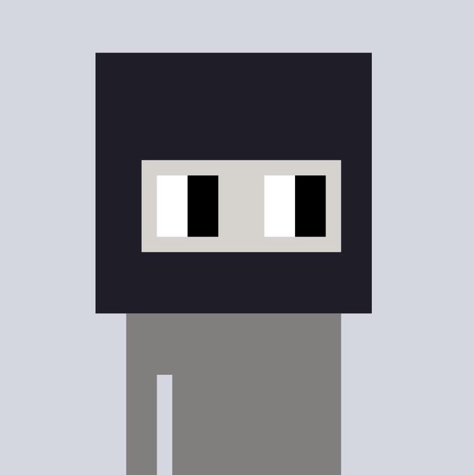 A minimalist pixel-art character with a large dark gray square head, glowing white-and-black pixelated eyes, and a slender gray body stands against a light background, resembling a stylized robot or NFT figure that fits the retro vibe of the @vrnouns collection on the Base blockchain.