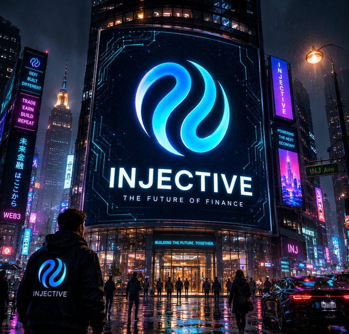 A futuristic cityscape at night with a massive illuminated digital billboard displaying the Injective logo and 'THE FUTURE OF FINANCE,' with a person in an Injective jacket standing in the foreground.