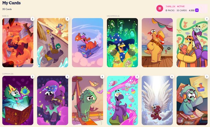The image shows a digital card collection interface titled "My Cards" displaying 35 cards organized by rarity (Rare, Uncommon, Common) and level, with account information showing "7H9RL6K ACTIVE" and "4,350" tokens at the top. The diverse card artwork features colorful cartoon-style creatures, including winged animals, wizards, and other fantasy characters, visually representing the 4,350 $HEEBOO tokens the user collected from opening the 30 promo packs mentioned in the post.